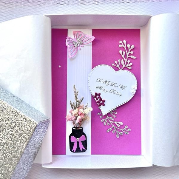 Personalized Dried Flower Birthday Card: Handmade 3D Rose Pink Card C624