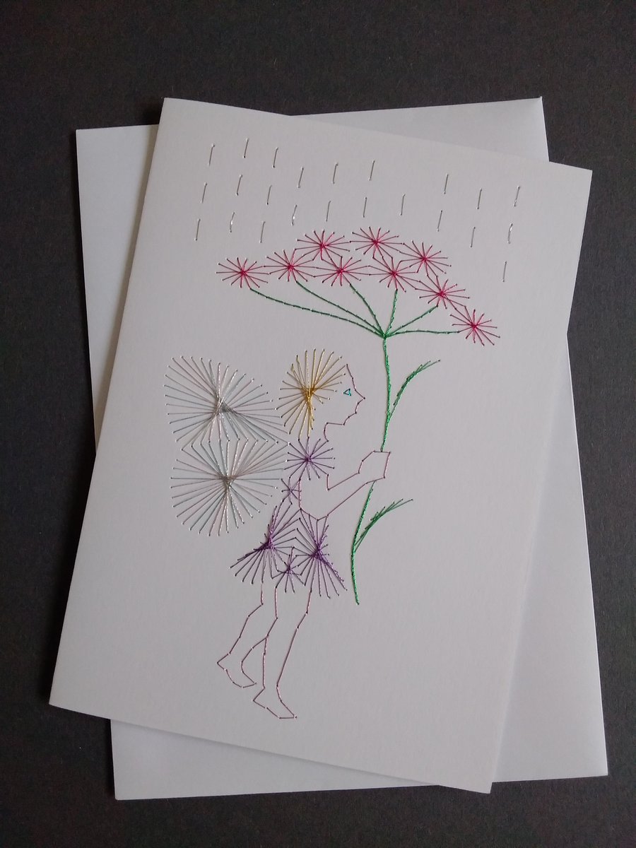 Hand Embroidered Fairy Under a Flower Umbrella Greetings Card.