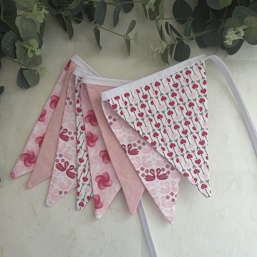 Handmade Fabric Bunting 8 Flags in Pink & White Hearts and Patterned Design