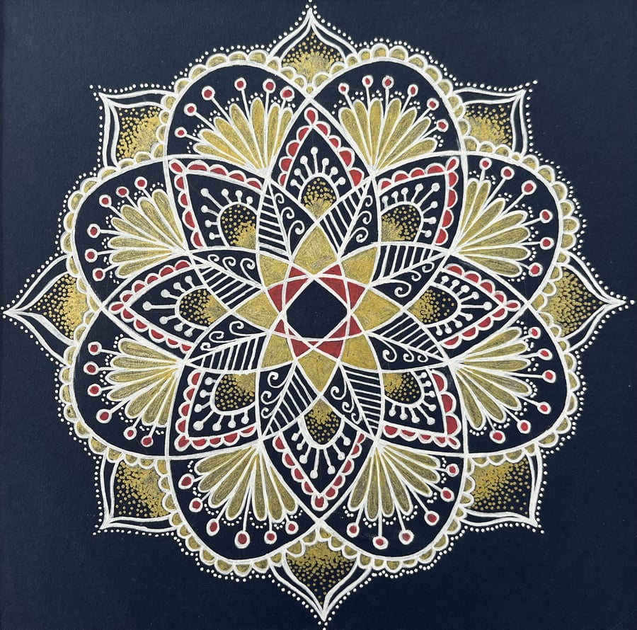 Small Mandala drawing in White, Gold and Red on Navy Blue
