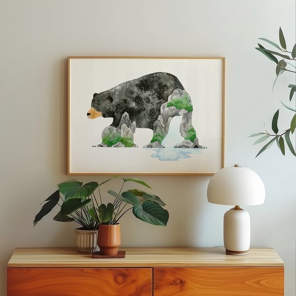 Bear and waterfall, awesome animals, giclée A3 art print