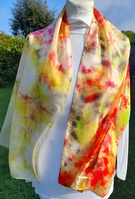 Stunning Pure Silk Hand Dyed Scarf in Yellows and Red.  'Sunburst'