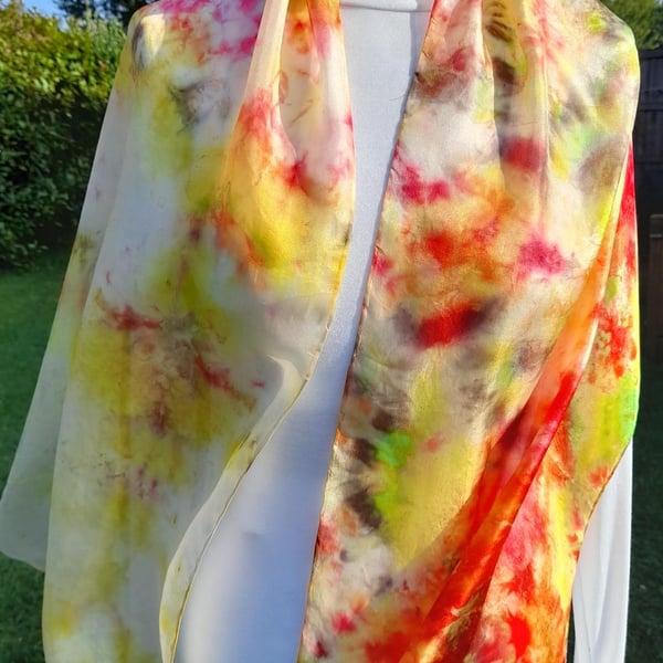 Stunning Pure Silk Hand Dyed Scarf in Yellows and Red.  'Sunburst'