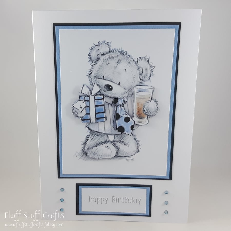 Male birthday card - bear with gift and beer