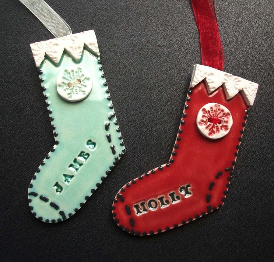 Personalised ceramic Christmas stocking decorations