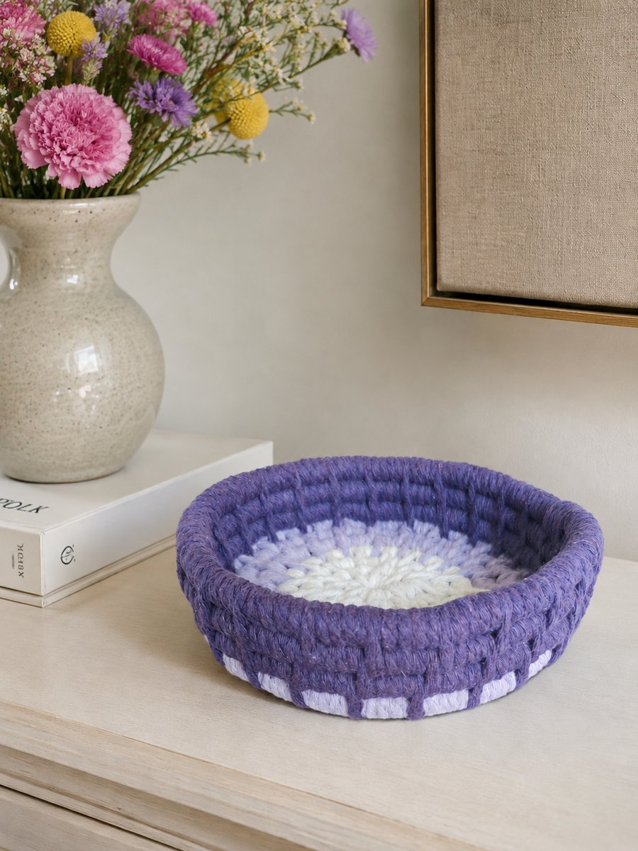 Purple Ombre Small Trinket Bowl Cotton Macrame Coil Basket 14cm