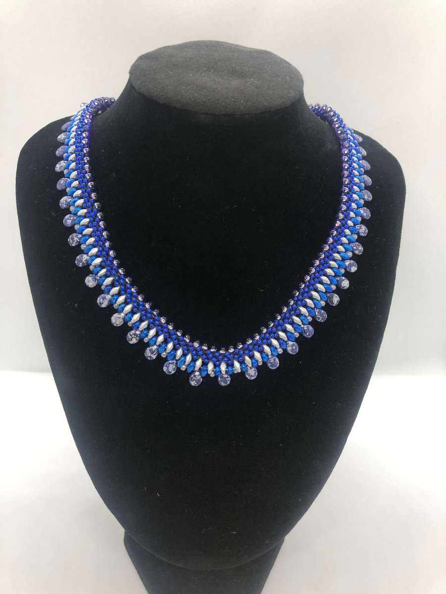 Drop Bead Collar Necklace - Blue and Silver 