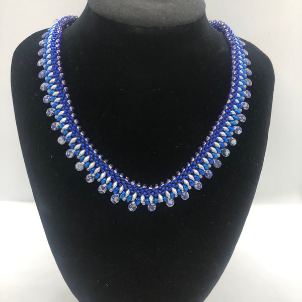Drop Bead Collar Necklace - Blue and Silver 