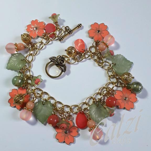 Coral & Green Flower Charm Bracelet