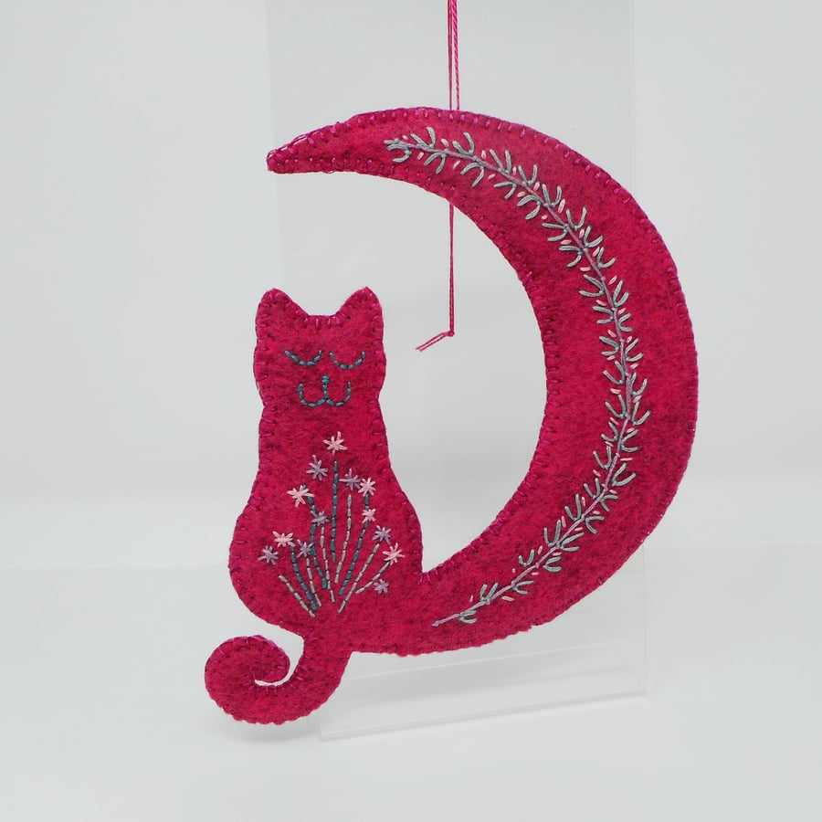 Hanging ornament, embroidered crescent moon and cat 