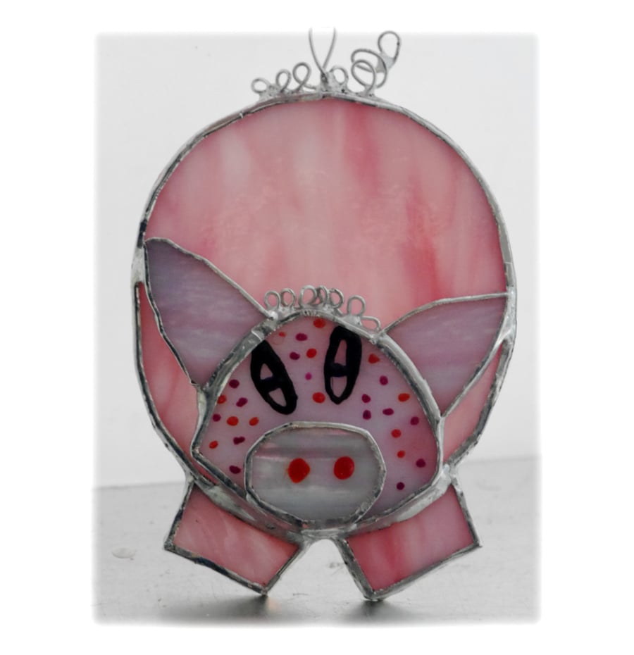Pig Suncatcher Stained Glass Handmade Pink Piggy 017