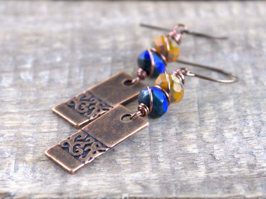 Blue & Yellow Copper Drop Earrings Folksy