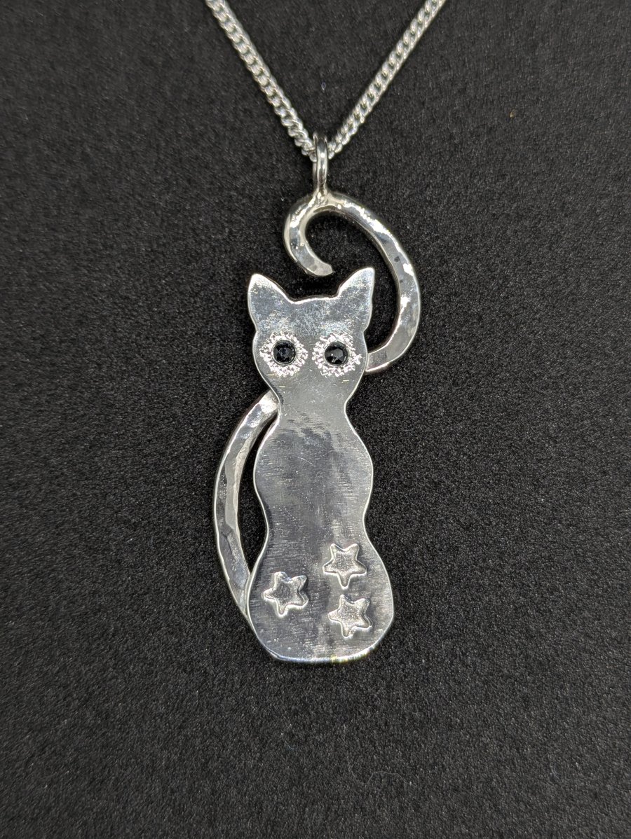 Sterling silver cat necklace, Cat pendant, Sapphires, Cat lover gift 