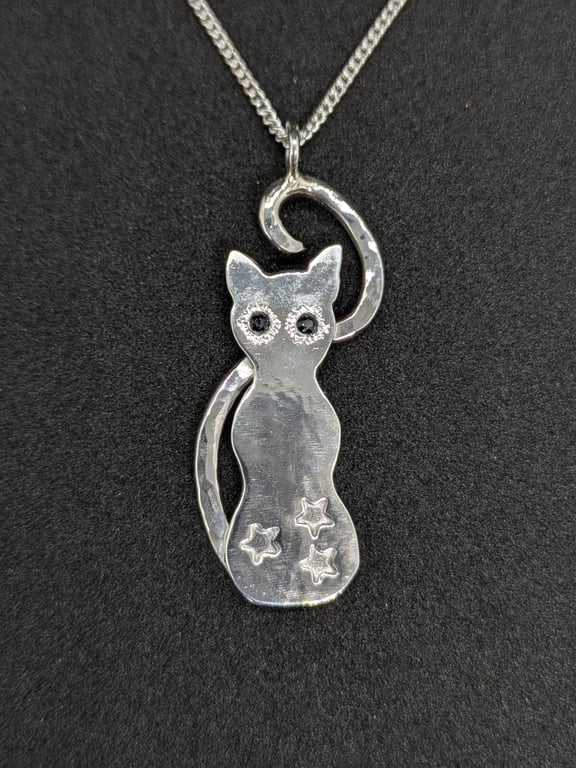 Sterling silver cat necklace, Cat pendant, Sapphires, Cat lover gift 