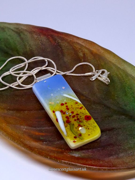 Handmade Fused Glass Pendant Necklace Poppy-field (A)