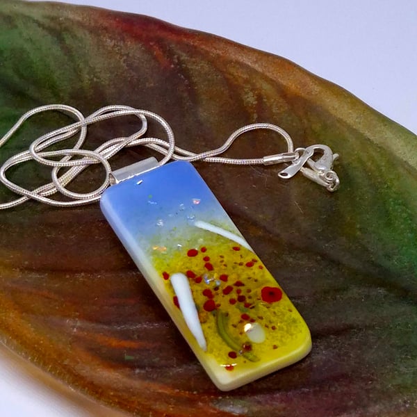 Handmade Fused Glass Pendant Necklace Poppy-field (A)