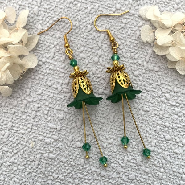 Green Lucite and Gold Flower Drop Earrings