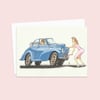 Classic Morris Minor Car Card - Hand Drawn Comic Art with a Nostalgic Feel