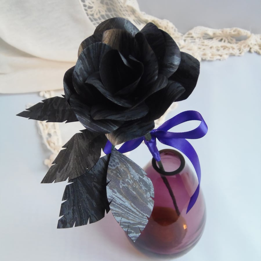 Marbled Paper Single Stem Rose Black and Silver