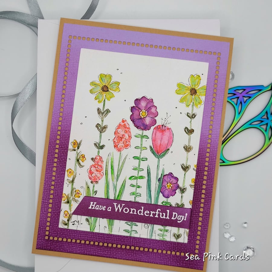 Card - cards, handpainted, flowers doodle, blank inside, birthday 