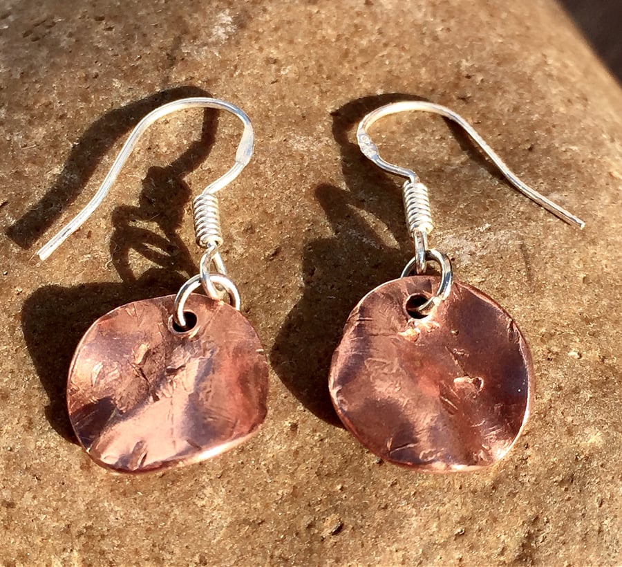 Textured Copper Disc Drop Earrings - UK Free Post