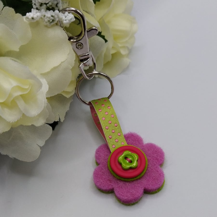 Small Pink and Green Felt Flower Keyring - Handbag Embellishment