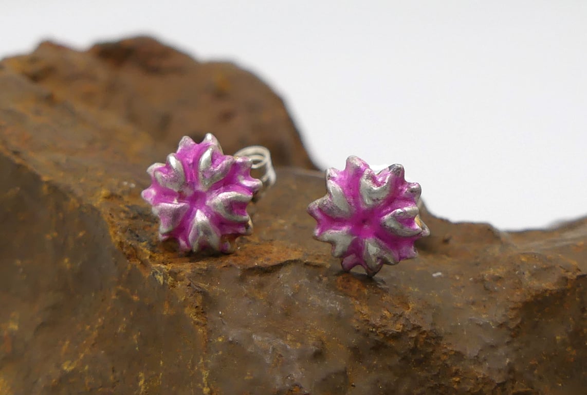 Recycled Sterling Silver Flower Design Stud Earrings with a Pink Patina.