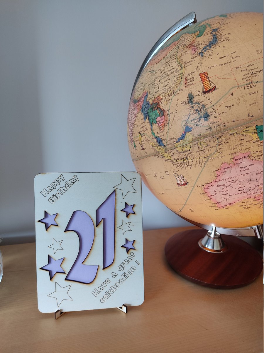 Happy 21st Birthday card, wooden laser-cut, coloured stars