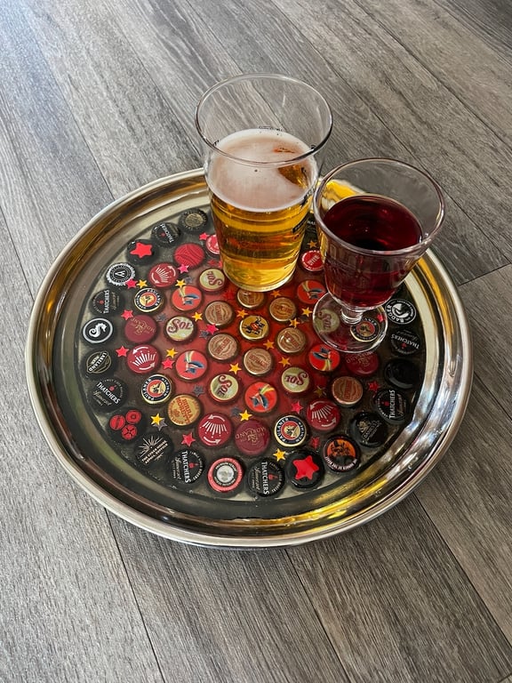 Red & Black Bottle Cap Round Metal Tray