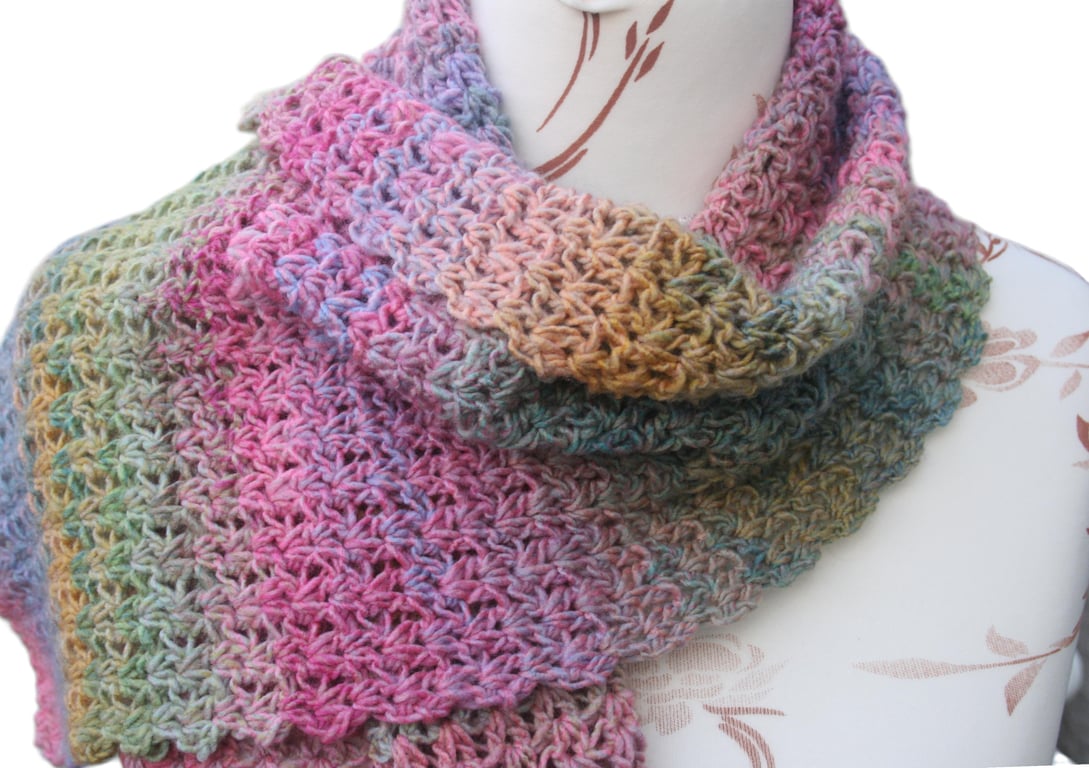 Pretty Variegated Crocheted Scarf 