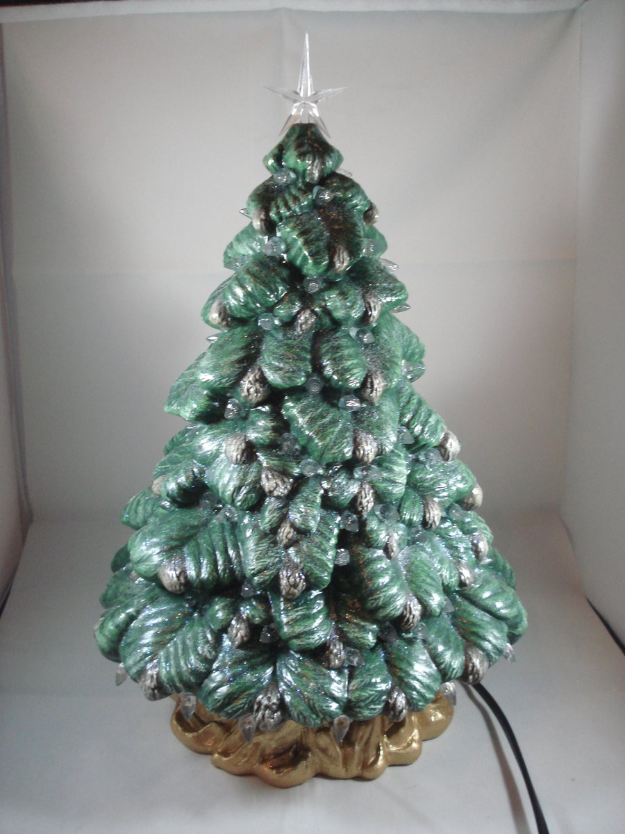 Ceramic Handmade Green Glittery Christmas Xmas Tree G9 LED Table Lamp Decoration