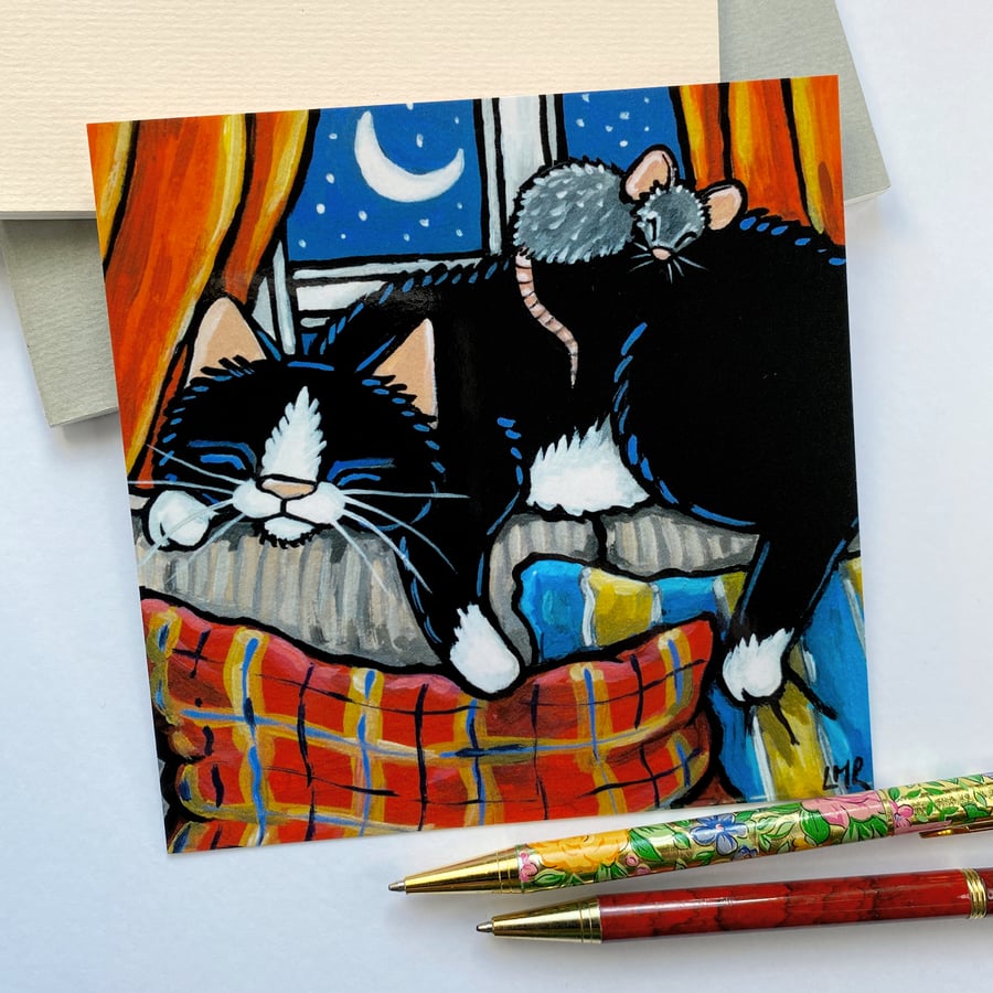 Tuxedo Cat & Mouse on Sofa – Square Art Postcard