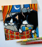 Tuxedo Cat & Mouse on Sofa – Square Art Postcard - Image 1
