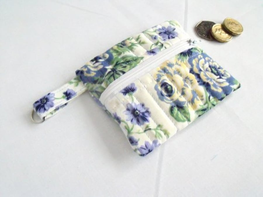 cotton quilted zipped coin purse with D ring attached, lilac floral fabric