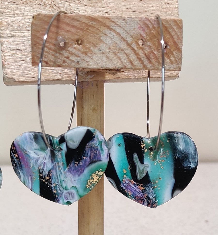 Gemstone swirl heart polymer clay earrings