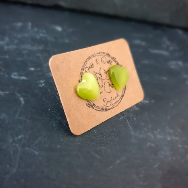 Glass heart shaped stud earrings. Lime Green.