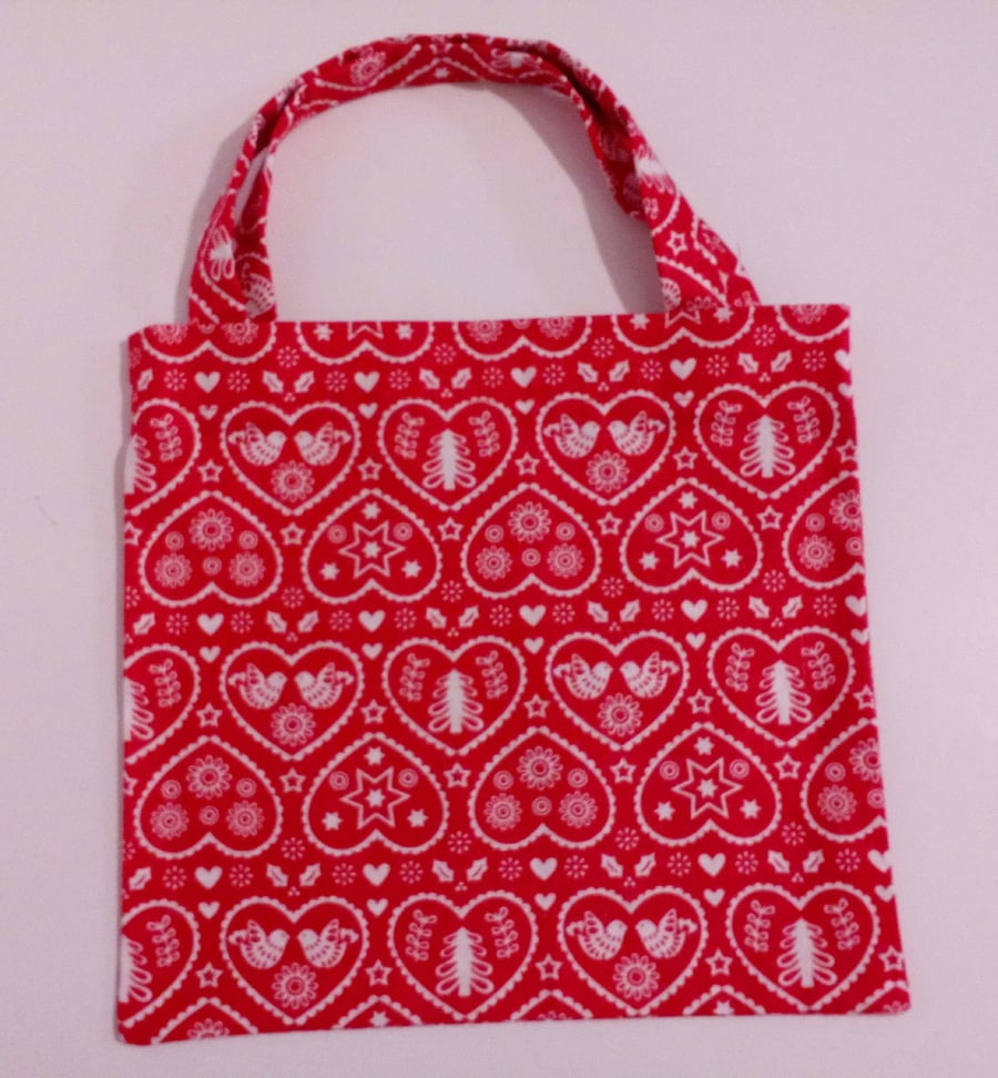 Xmas gift bag, red,  white, hearts, gifts, 100% cotton bag, Christmas gift bag