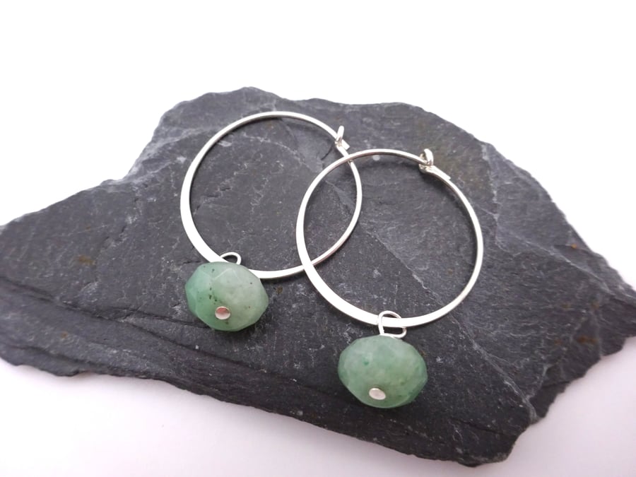 aventurine gemstone earrings, sterling silver hoops