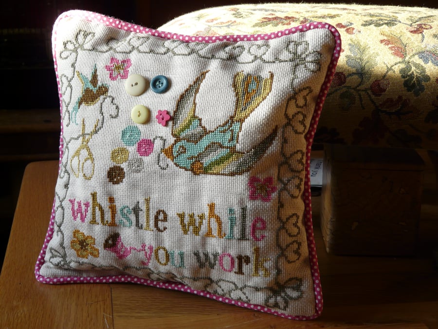 Snow White "Whistle While You Work" Handmade Cross Stitch Cushion