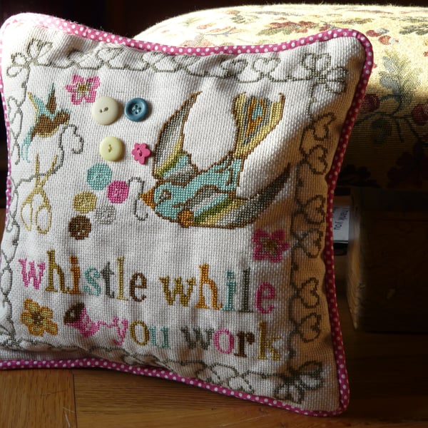 Snow White "Whistle While You Work" Handmade Cross Stitch Cushion