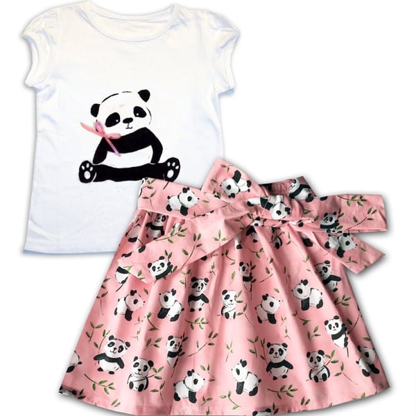 Girl's Panda Skirt and T-shirt Outfit, Girls Clothing