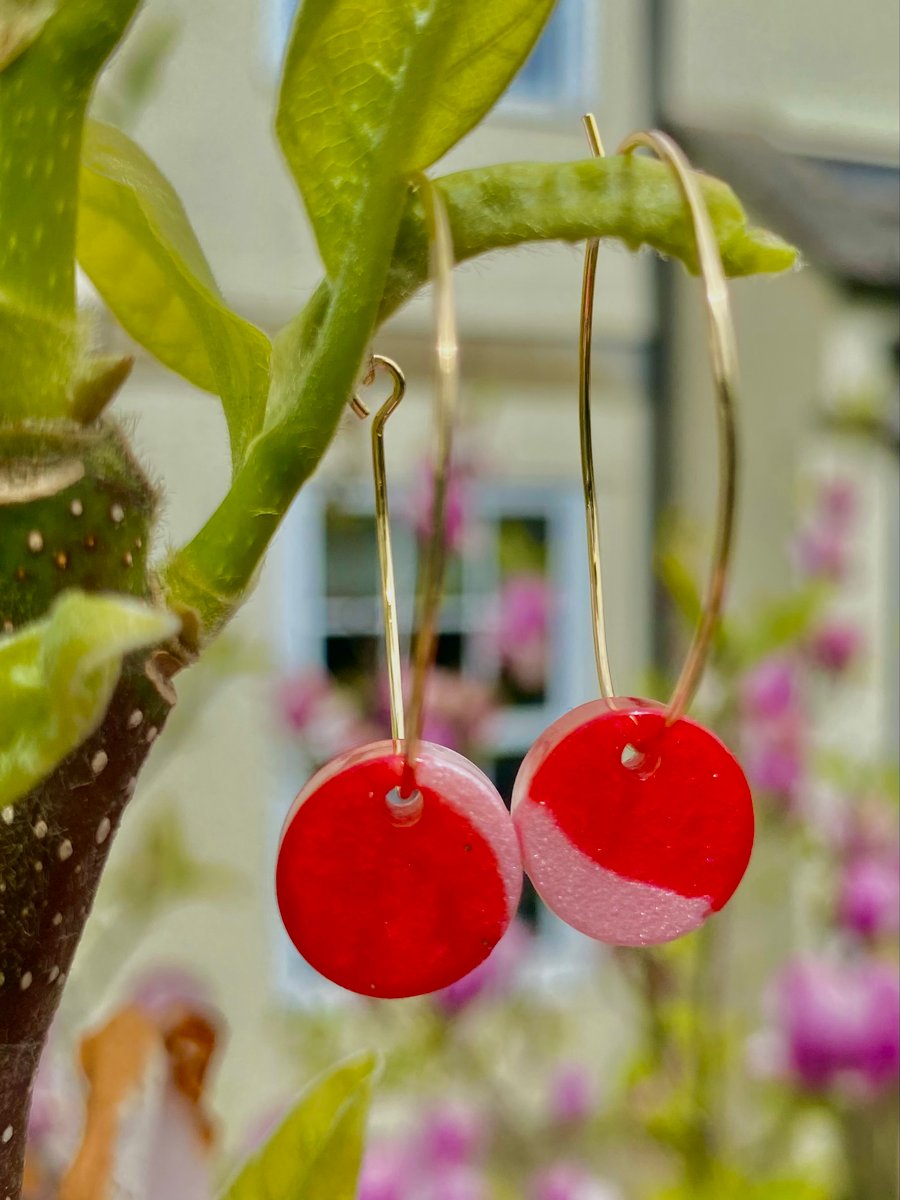 Handmade magenta and rose pink resin disc hoop earrings