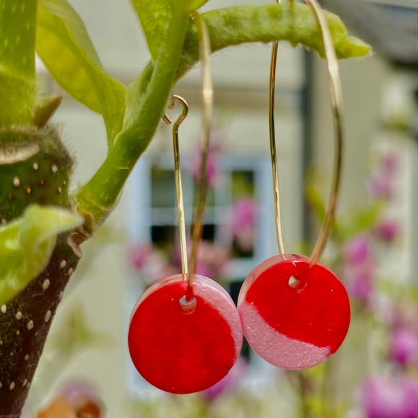 Handmade magenta and rose pink resin disc hoop earrings