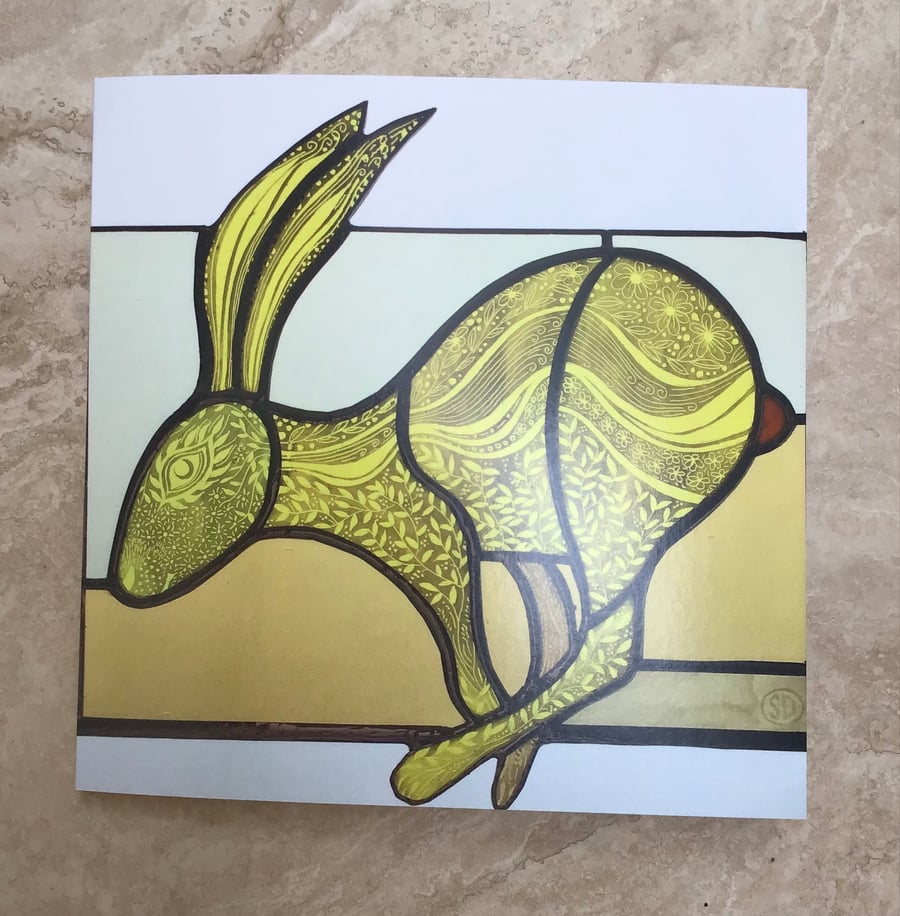 Greetings Card - Stained glass 'Running hare - Gold’               