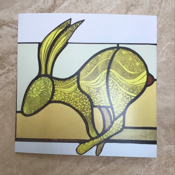 Greetings Card - Stained glass 'Running hare - Gold’               