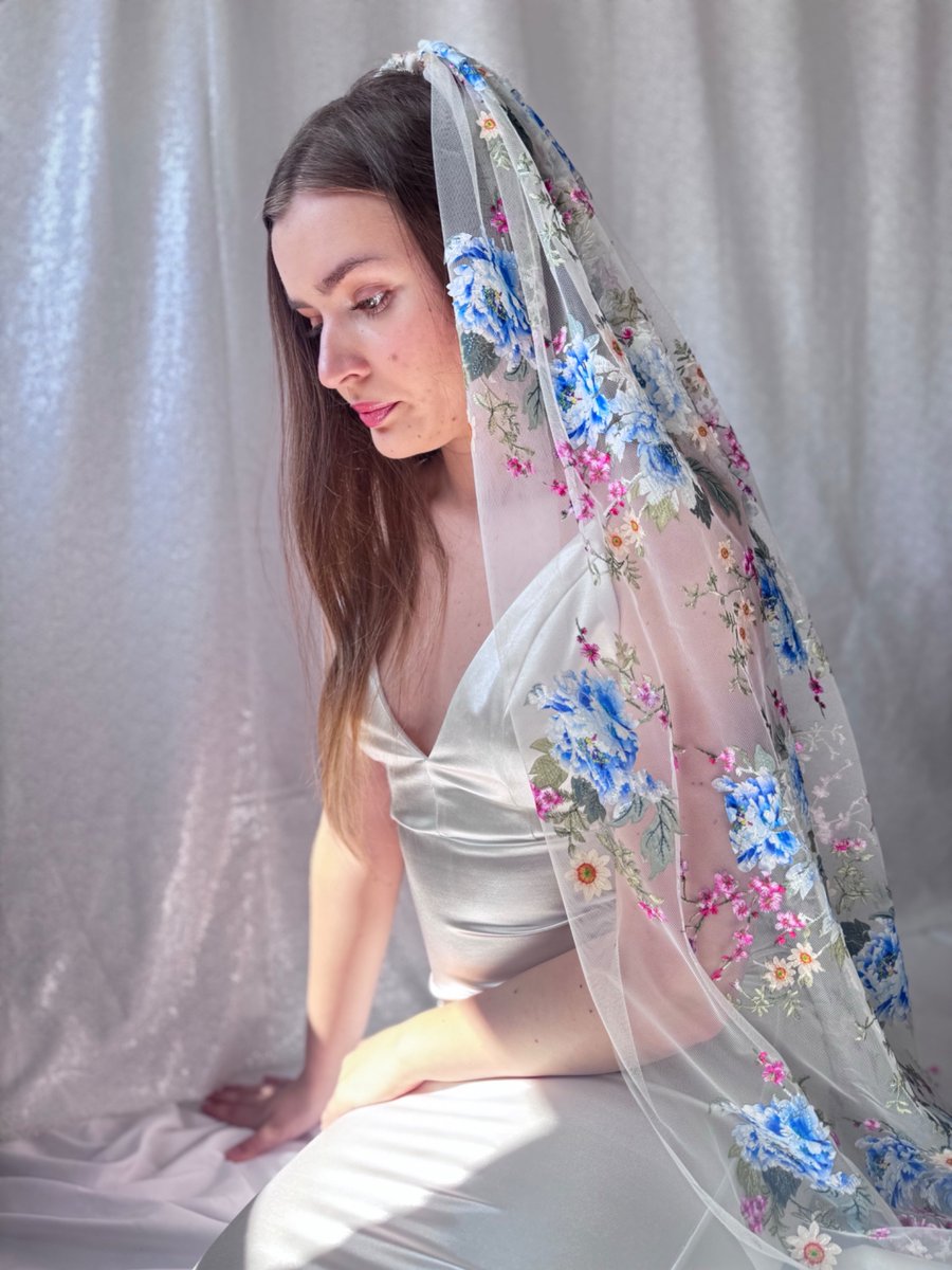 Floral Embroidered Wedding Veil With Blue Roses - Ophelia 