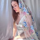 Floral Embroidered Wedding Veil With Blue Roses - Ophelia 