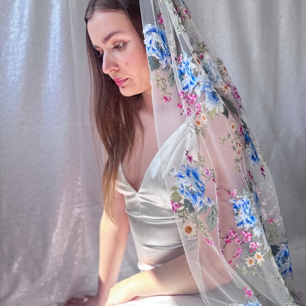 Floral Embroidered Wedding Veil With Blue Roses - Ophelia 