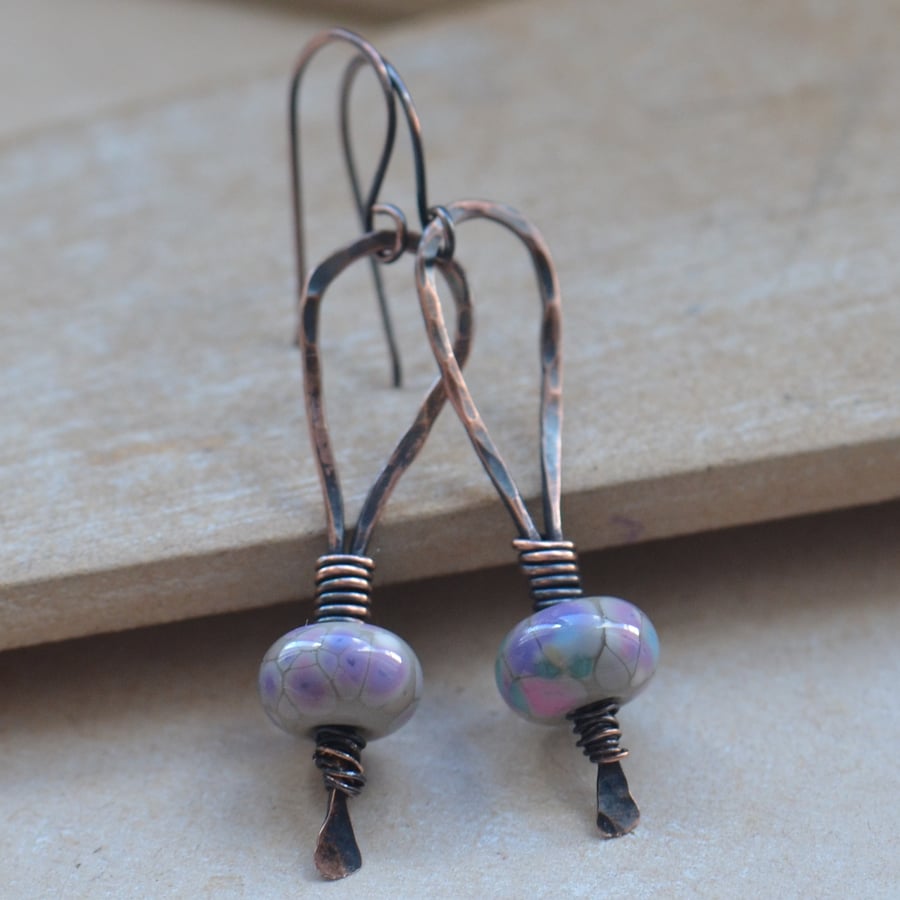 Copper and Grey Pastel Lampwork Glass Bead Earrings