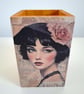 Decoupage Wooden Pen Pot, Vintage Woman Portrait & Butterfly Desk Organiser - Image 5